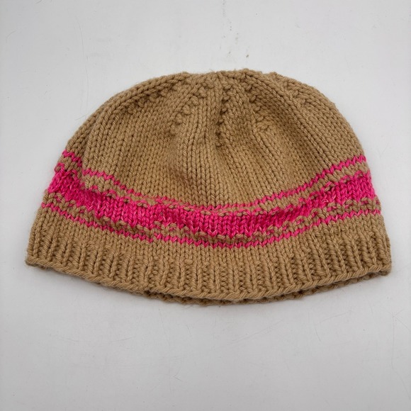 Womens Knit Beanie Hat Tan Pink Striped Cozy Winter Warm - Picture 2 of 4